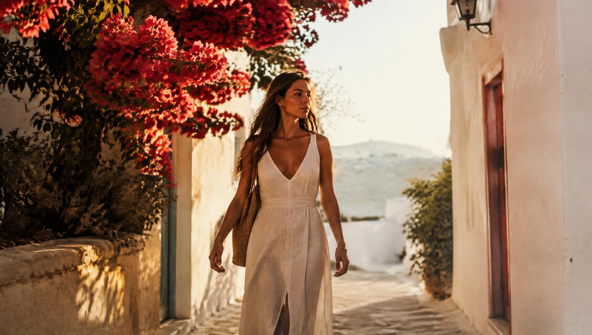 Traveler walking a sunlit Mediterranean street